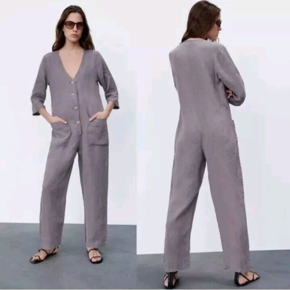 Zara Jumpsuit Women's Large Gray Linen Long Boilersuit Minimalist Lagenlook